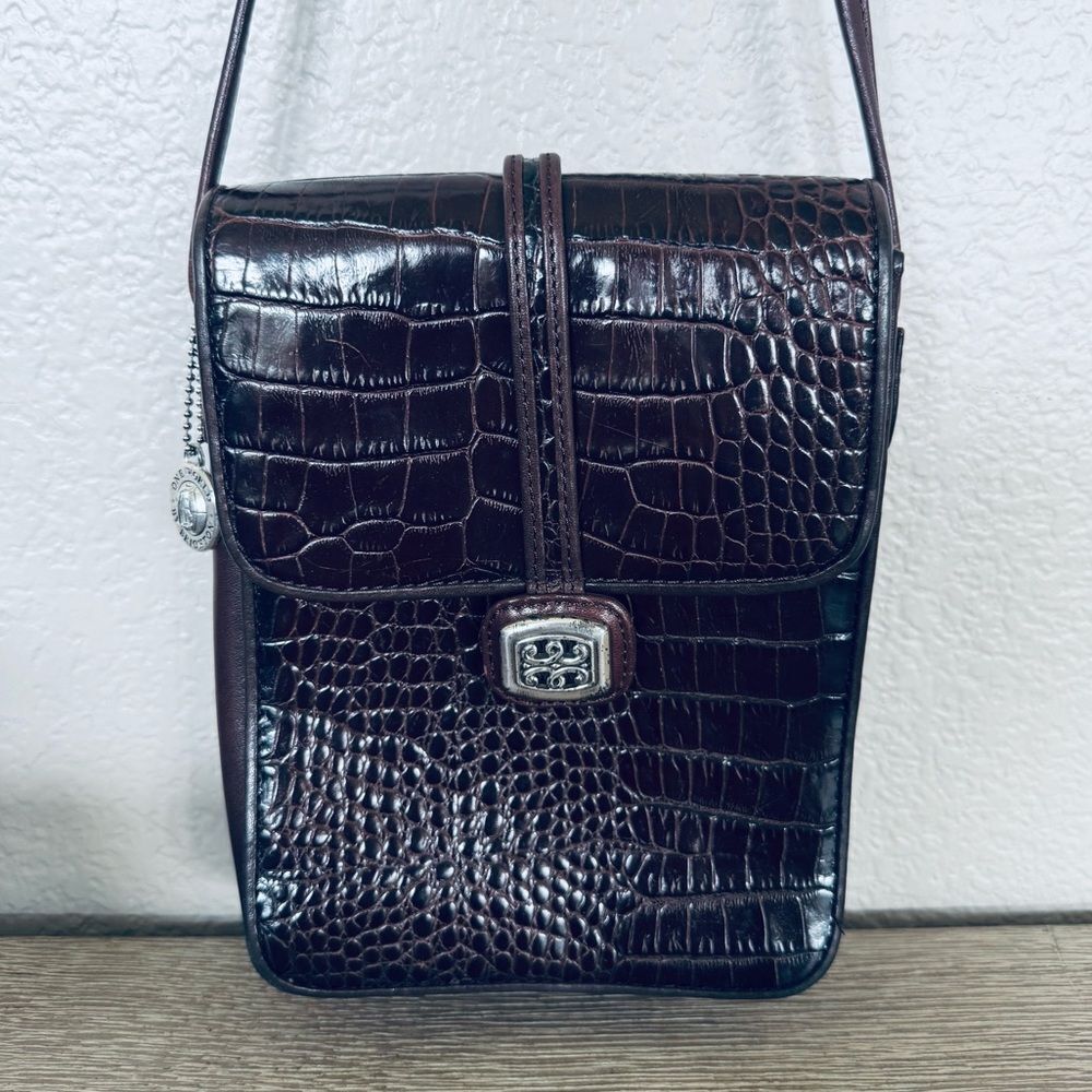 Brighton Vintage Brown Leather Alligator Pattern Crossbody Purse Bag